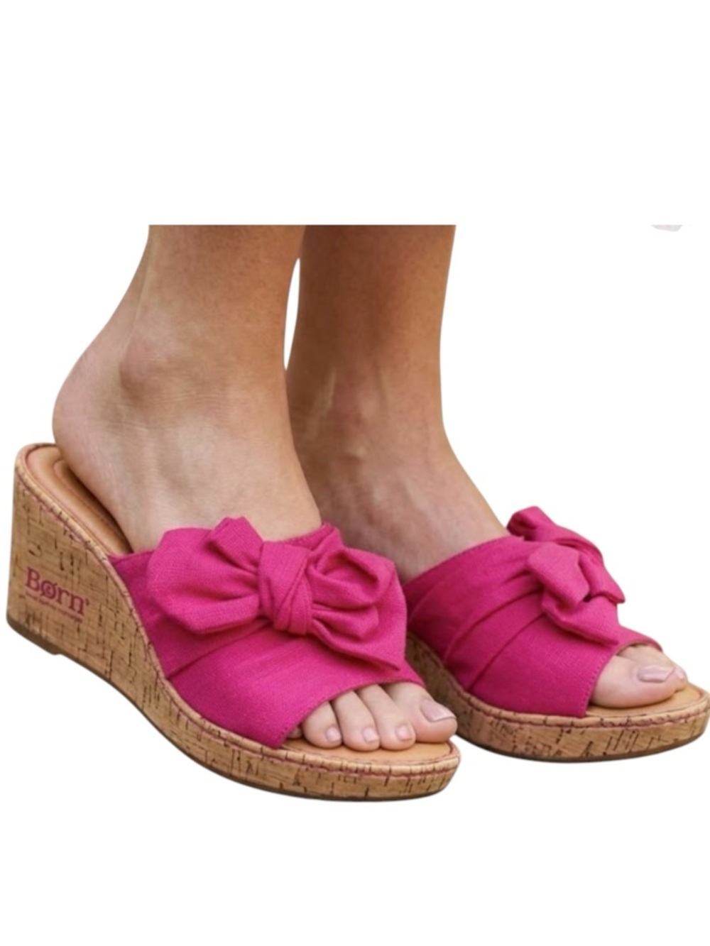 NWT Born Fuchsia Pink Bow Slide Wedge Sandals Size 8